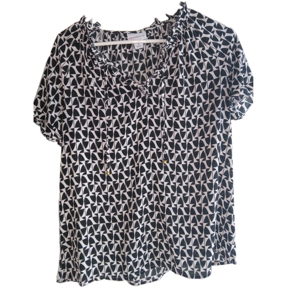 Liz Claiborne Sz M Blouse Black & White Ruffle Sleeves Peasant Boho Career
